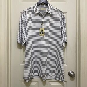 NEW Donald Ross Golf Polo Shirt Striped White‎ Navy Sky Short Sleeve Large NWT